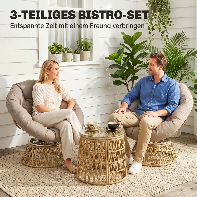 Outsunny Bistro-Set Balkon-Set Terrassenset, wetterbeständig, abnehmbare Polster, 85 cm x 70 cm x 82 cm, Natur +Hellbraun