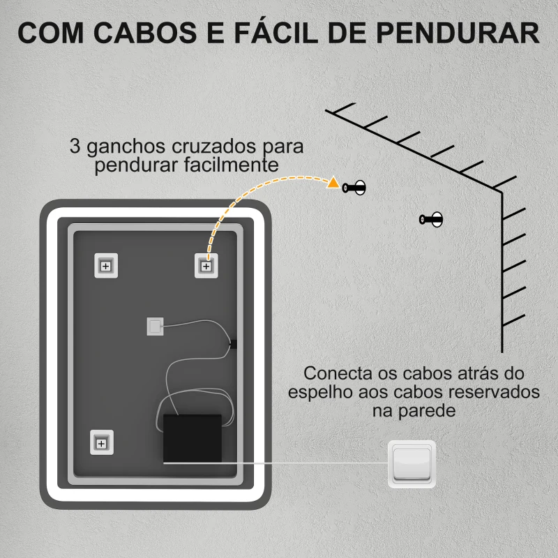 HOMCOM Espelho Casa de Banho com Luzes LED 60x80 cm Função Antiembaciamento 3 Temperaturas de Cor Ajustável e Função de Memória