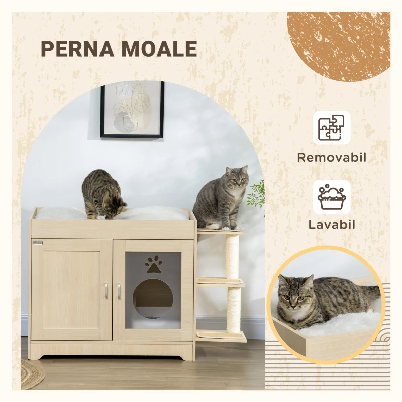 PawHut Mobilier pentru litieră, căsuță pentru pisici cu spațiu de depozitare și stâlpi de zgâriat, din lemn, 107x54x70 cm