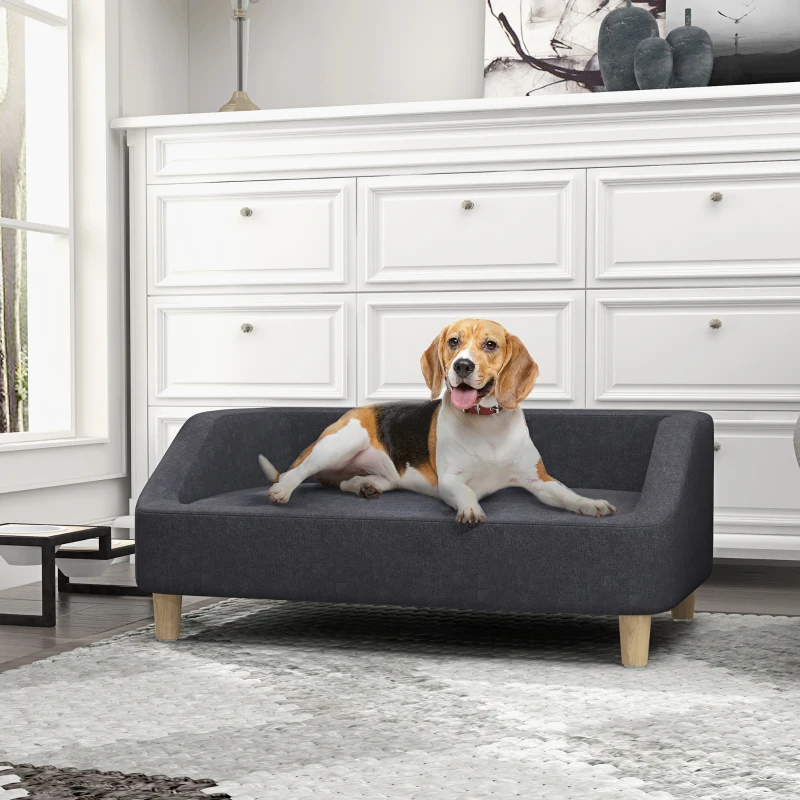 PawHut Hundesofa, Haustiersofa Katzensofa Hundebett für mittelgroße und große Hunde, Hundecouch mit Erhöhtem Design, Hundesessel mit Holzbeine, Dunkelgrau, 95 x 63 x 39 cm