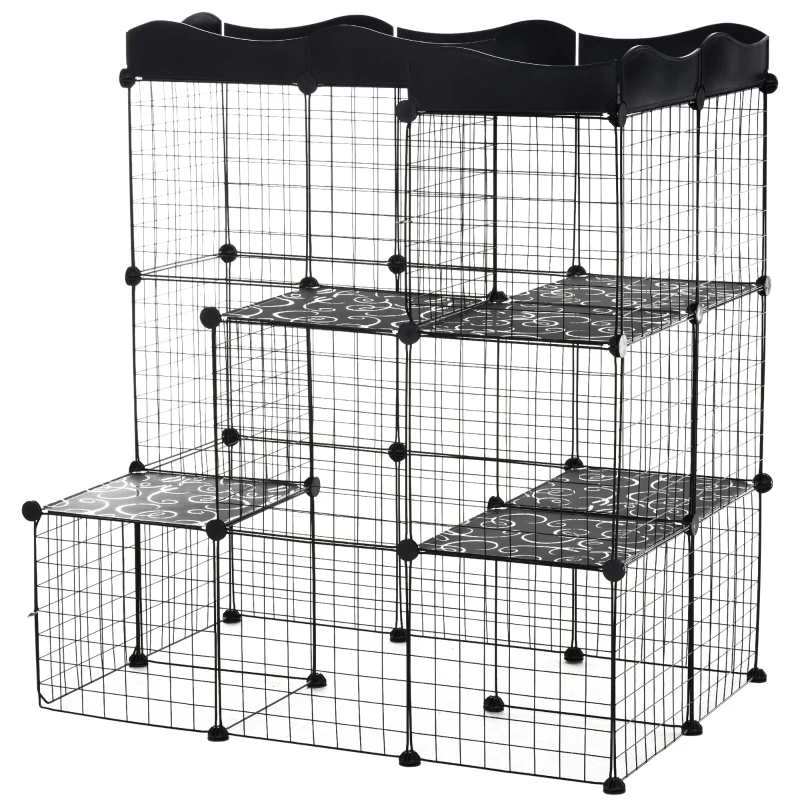 PawHut Cage parc enclos pour petits animaux chats lapins modulable 3 niveaux 2 portes rampe fil métallique 105 x 70 x 116 cm noir