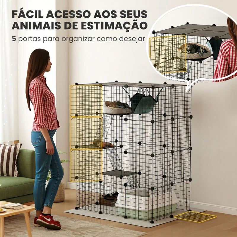 PawHut Gaiola Grande para Gatos de Interior com 49 Painéis, 4 Níveis, 5 Portas, 3 Plataformas, Rampas e Rede, DIY, 105x70x140 cm, Preto