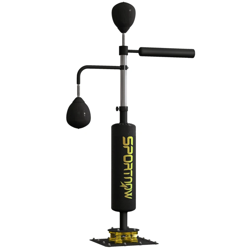 SPORTNOW Boxstand, zwei Speedballs, drehbare Boxstange, Kickpolster, höhenverstellbar, Stahl, 107 x 36 x 140-205 cm, Schwarz(m-12)