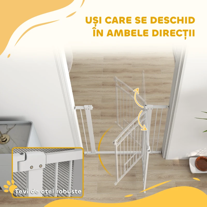 PawHut Poartă Reglabilă pentru Câini 76-104 cm, Înălțime 106 cm, cu 2 Extensii, Albă
