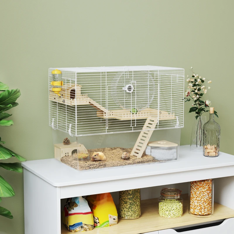 PawHut Cage à hamster à 3 niveaux, cage rongeur avec roue d'exercice, plateau profond transparent, 59 x 35,5 x 47 cm, blanc
