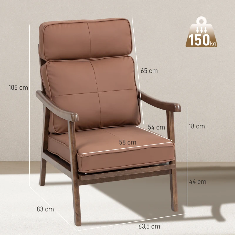 HOMCOM Poltrona de Sala de Estar Estofada em PU com Estrutura de Madeira Almofadas Acolchoadas Poltrona de Leitura 63,5x83x105 cm Marrom