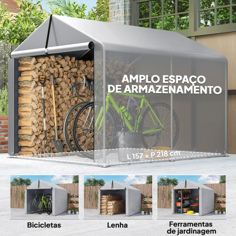 Outsunny Tenda de Jardim Exterior para Ferramentas e Bicicletas com Estrutura de Aço Galvanizado e Porta Enrolável, Cinzento