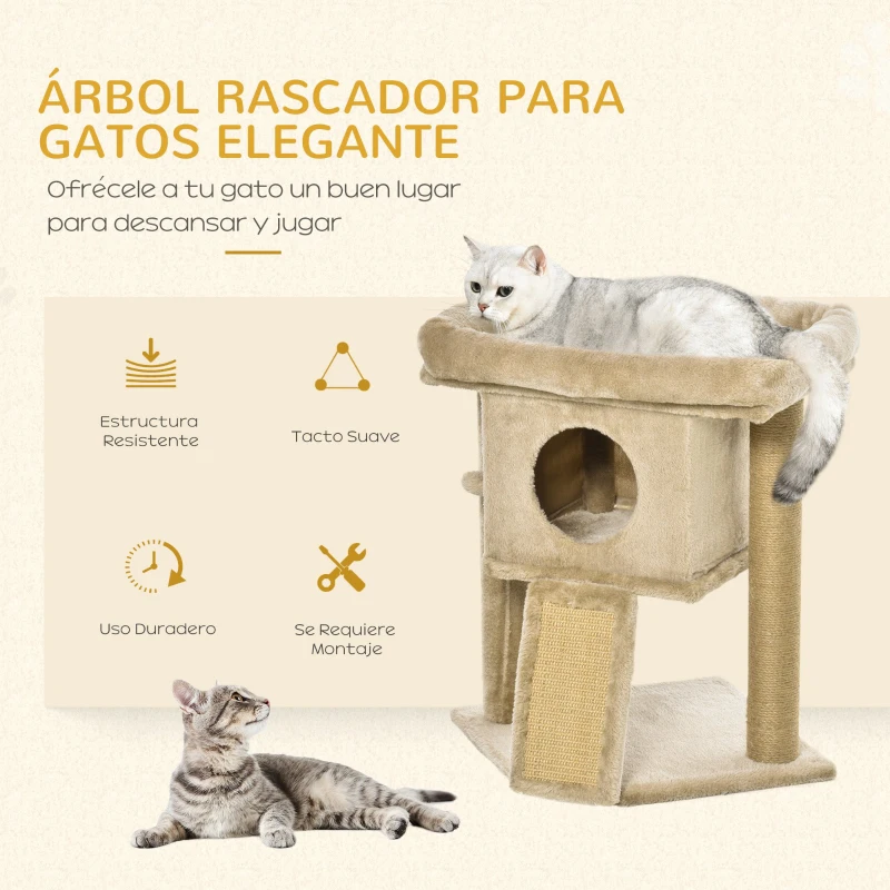 PawHut Árbol Rascador para Gatos Pequeños de 57 cm con Poste de Yute Rampa para Rascar Cama y Bola Colgante 40x40x57 cm Café