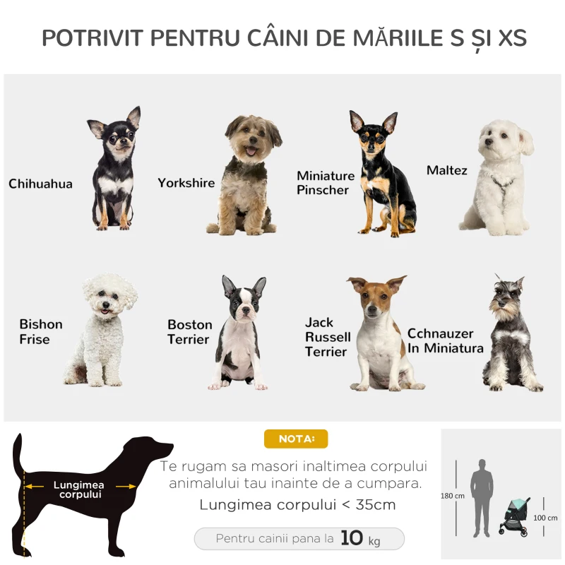PawHut Cărucior pentru câini mici, pliabil, cu 3 roți, acoperire de ploaie și coș, verde