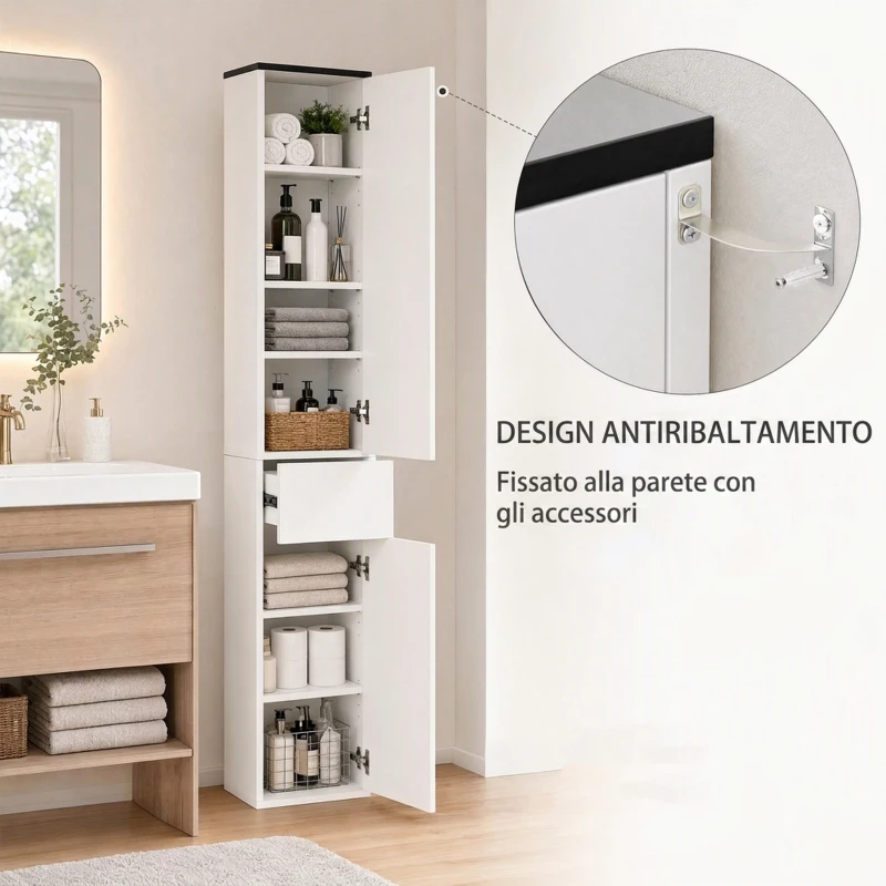 kleankin Mobile Bagno con Ripiano Regolabile, 2 Ripiani Chiusi e un Cassetto in Legno, 30x28x180 cm, Bianco
