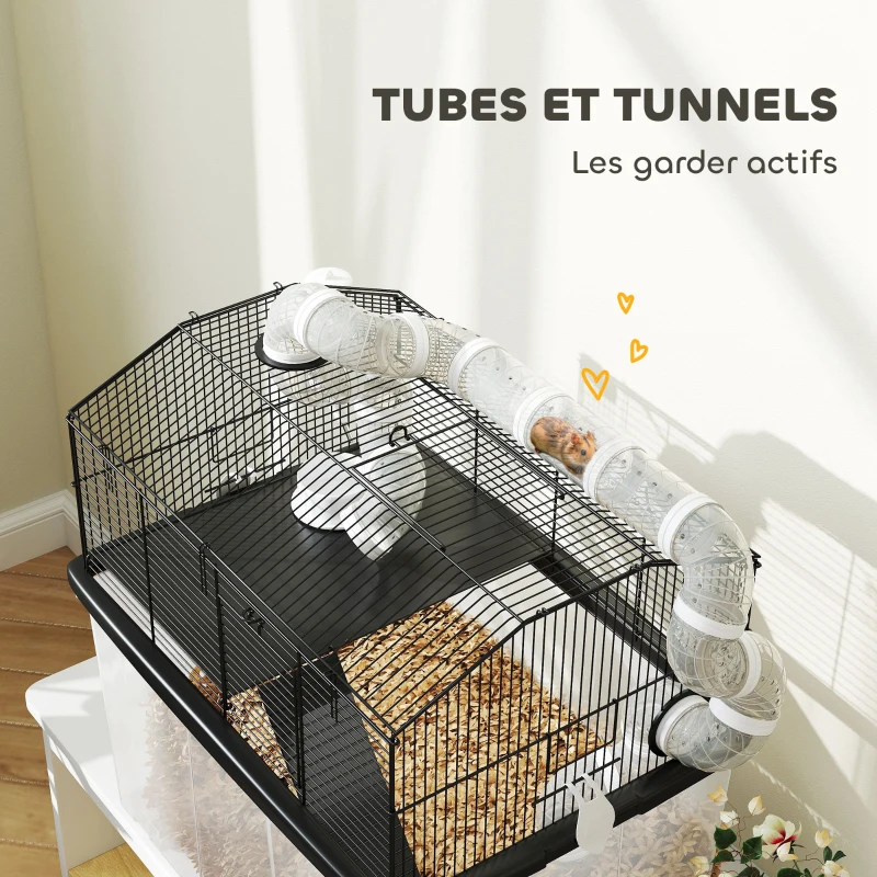 PawHut Cage pour hamster portable cage pour hamster avec rampe, gamelle, bouteille d'eau système de tuyaux 58 x 43 x 57 cm noir