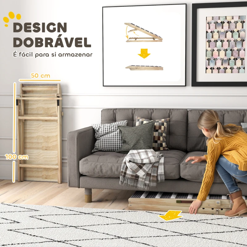 PawHut Rampa Dobrável para Cães com Altura Ajustável 35-50 cm e Tapete Antiderrapante 100x50x50 cm Madeira e Cinza