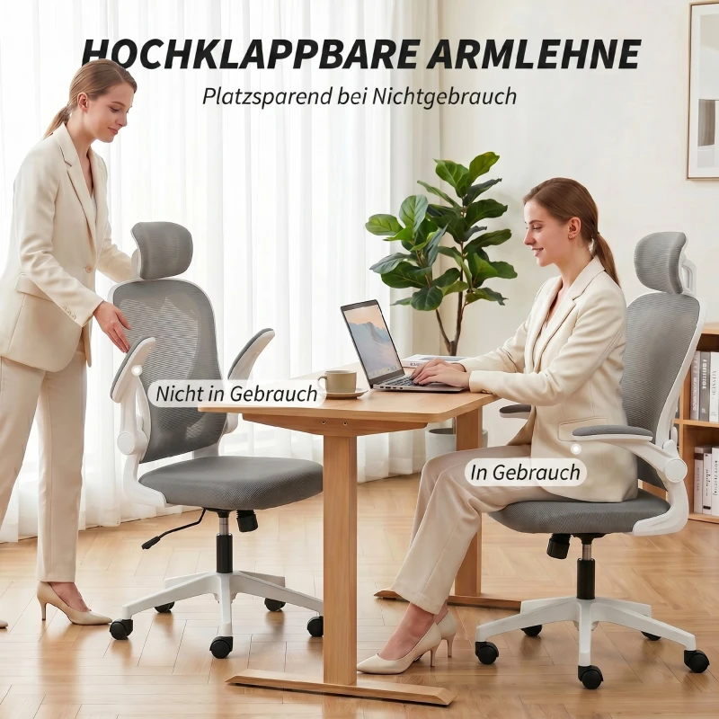 HOMCOM Bürostuhl Ergonomischer Schreibtischstuhl mit Hochklappbaren Armlehnen, Verstellbarer Lendenwirbelstütze Grau