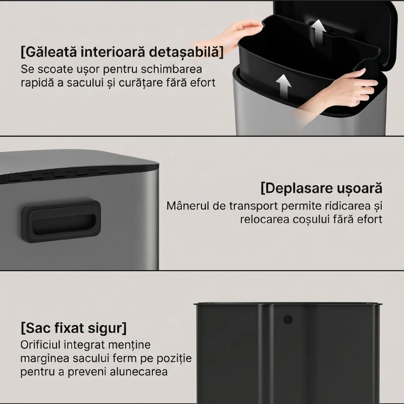 HOMCOM Pubelă de Bucătărie cu Pedală 50L, Capac cu Închidere Lentă, Deschidere la 90° și Recipient Detașabil, Oțel Inoxidabil, Gri