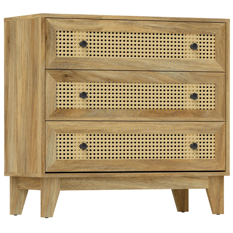 HOMCOM Commode 3 tiroirs meuble de rangement cannage en rotin aspect bois clair 80 x 35 x 76 cm