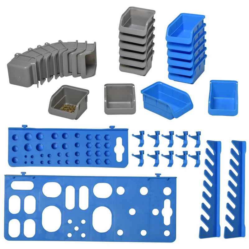 DURHAND Estantería de Pared para Herramientas 54x95 cm con 28 Cajas Apilables y Diferentes Ganchos Gris y Azul