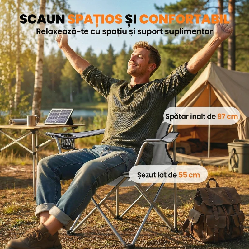 Outsunny Set Scaune de Camping cu Suport pentru Pahare și Genți, Gri