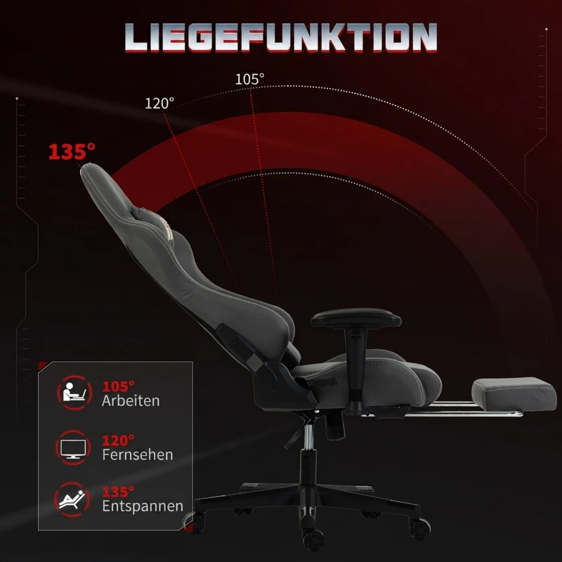 HOMCOM Ergonomischer Gaming-Stuhl mit 3D-Armlehnen, verstellbar, rollbarer Schreibtischstuhl mit Lendenstütze, Grau
