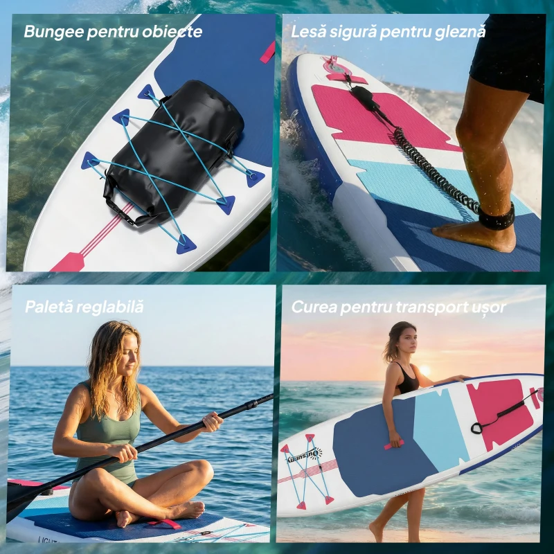 Outsunny Placă SUP Gonflabilă pentru Adulți, Stand Up Paddle Board cu EVA Antialunecare, Vâslă Reglabilă din Aluminiu, Rucsac, Pompă, Aripioară Detașabilă, Capacitate 160 kg, 305x89x15cm, Pentru Toate Nivelurile