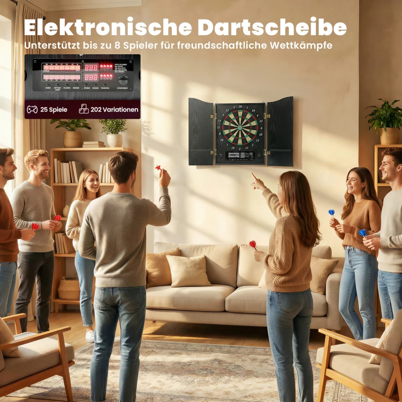 SPORTNOW Elektronische Dartscheibe E Dartboard mit Türen Holzoptik LED Anzeige Sprachansagen 6 Dartpfeile, 24 Ersatzspitzen