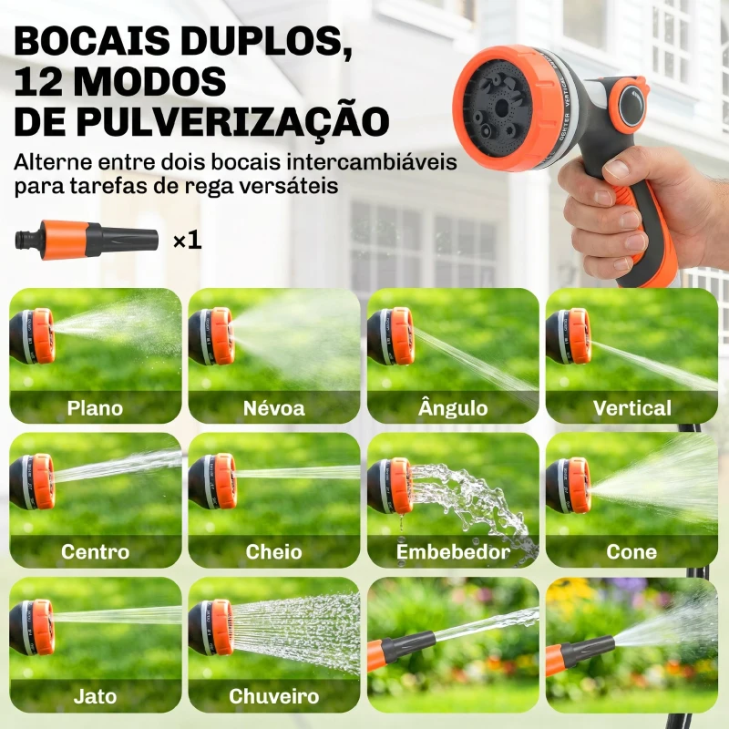 Outsunny Carretel de Mangueira Retrátil 23+2 m com 12 Modos de Pulverização Bloqueio Automático Retração Controlada Suporte Laranja