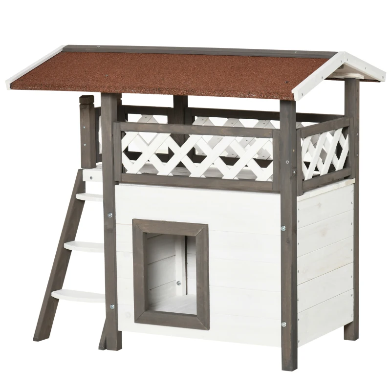 PawHut Casa para Gatos de Madeira 77x50x73cm Casa para Gatos com 2 Níveis com Teto Asfáltico Terraço Cercado Caverna e Escada para Interior e Exterior Branco e Cinza