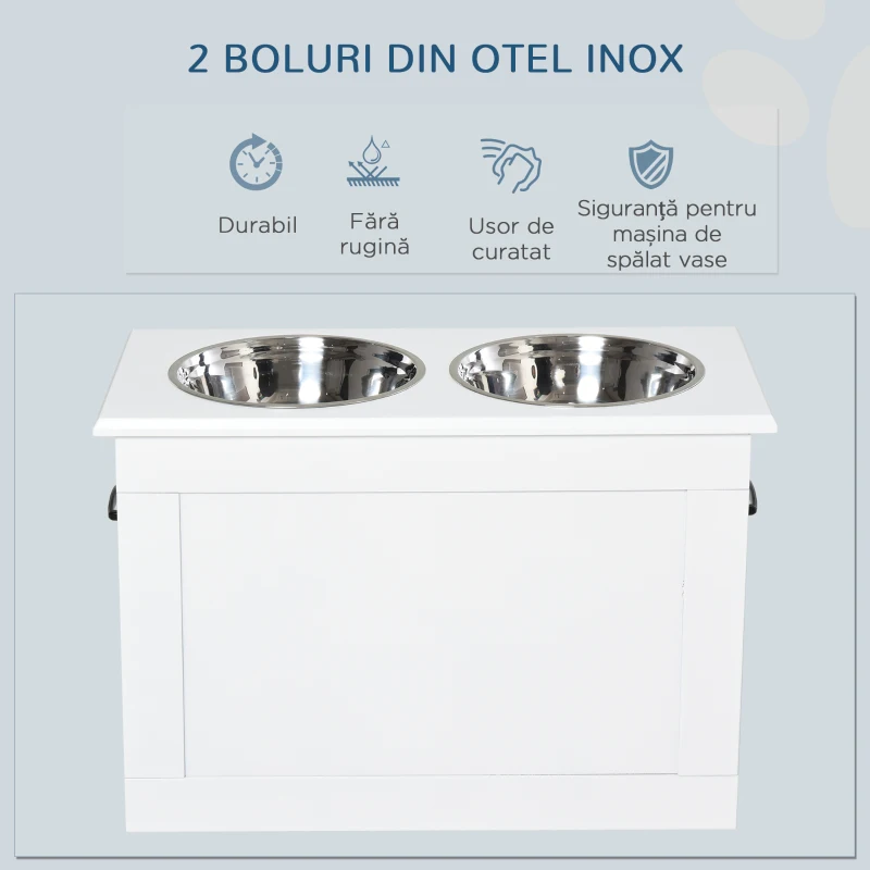 PawHut Boluri Înălțate pentru Câini Mari, Suport din MDF cu 2 Boluri din Oțel Inoxidabil, 60x30x41 cm, Alb