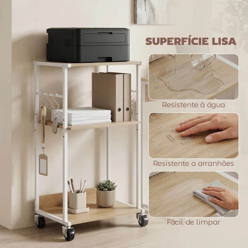 HOMCOM Suporte para Impressora de 3 Níveis com Rodas, Móvel com Ganchos e Estrutura Metálica 43x30x82 cm Madeira