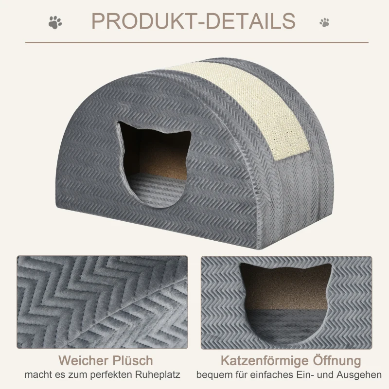 PawHut Katzenhöhle mit Kraztbrett Katzenbett Kratzhaus Katzenhaus Katzenwohnung Sisal Grau 48,5 x 30 x 30 cm