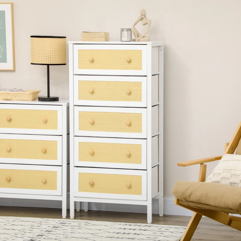 HOMCOM Cómoda Estilo Bohemio com 5 Gavetas de Tecido Dobráveis Superfície de Vime PE e Estrutura de Aço 62x30x126,5 cm Branco