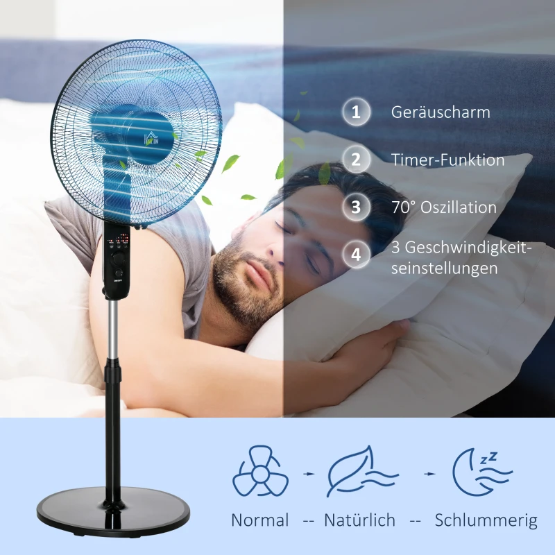 HOMCOM Standventilator mit Fernbedienung, Höhenverstellbarer Ventilator, 70° Oszillierender Lüfter, 3 Geschwindigkeitsstufen, Verstellbarer Neigungswinkel, 7,5h Timer, Ø44,5 x 110-124 cm, Schwarz