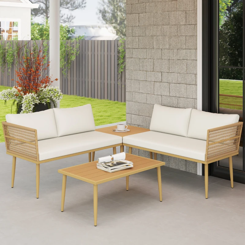 Outsunny Set Mobilier de Exterior din Ratan PE cu 2 Canapele de 2 Locuri cu Perne și 2 Mese de Cafea, Culoare Lemn