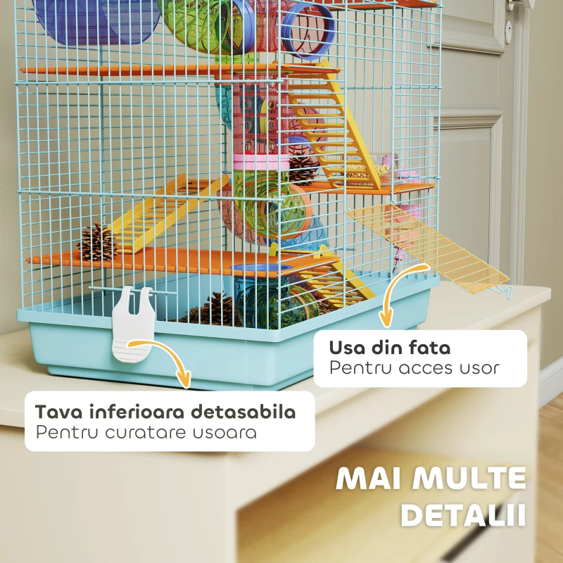 PawHut Gabbia per Criceti a 5 Piani con Tubi Colorati, Ruota, Casetta e Accessori, 47x30x59 cm, Azzurro
