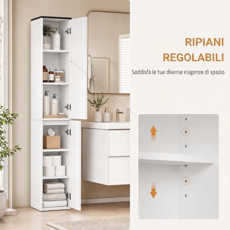 kleankin Mobile Bagno con Ripiano Regolabile, 2 Ripiani Chiusi e un Cassetto in Legno, 30x28x180 cm, Bianco