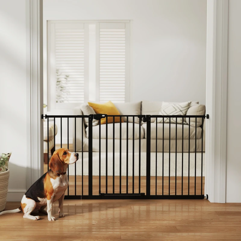 PawHut Barreira de Segurança Extensível para Portas e Escadas com Fechamento Automático e Sistema de Duplo Bloqueio 74-147,5x76,2 cm Preto