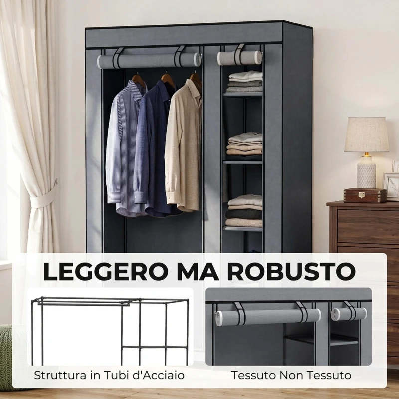 HOMCOM Armadio in tessuto con barra appendiabiti e 5 ripiani 110x45x175 cm, grigio