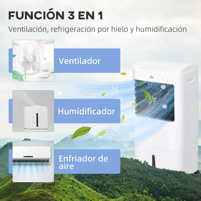 HOMCOM Enfriador de Aire con 3 Velocidades Temporizador 7,5h Tanque de Agua 15L Apto para 15-20 ㎡ 37x32x78 cm Blanco