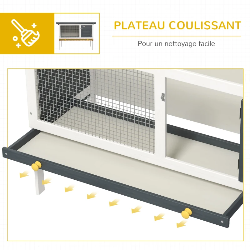 PawHut Clapier sur pied cage à lapin avec niche intérieur toit ouvrant porte verrouillable 90 x 45 x 65 cm gris foncé blanc