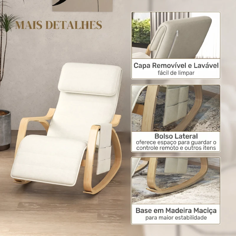 HOMCOM Cadeira de Baloiço com Apoio para os Pés Ajustável em 5 Posições, Bolso Lateral, Apoios de Braços em Madeira e Apoio de Cabeça, Creme