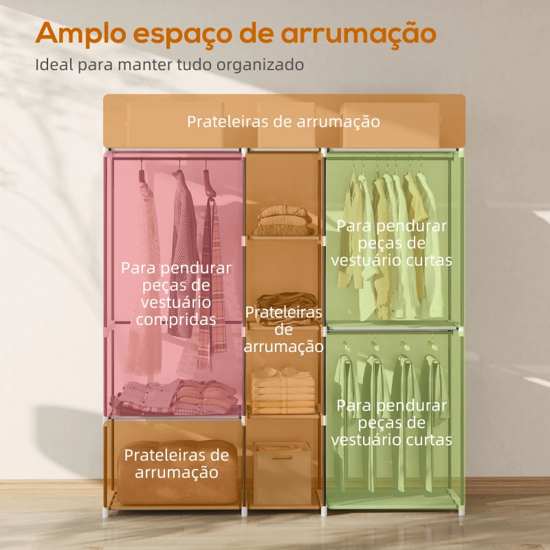 HOMCOM Armário para Roupas 182x43x185 cm Armário Aberto com 8 Prateleiras de Tecido Barras para Pendurar  182x43x185 cm Cinza