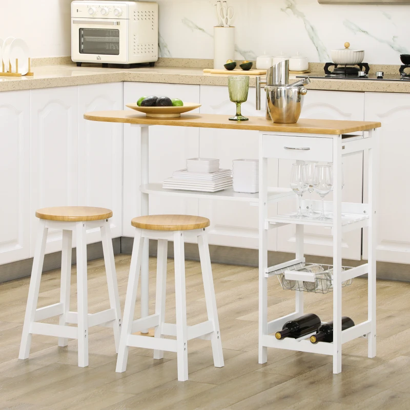HOMCOM Conjunto de Mesa com 1 Gaveta 2 Prateleiras Cesta Removível e Suporte para Garrafas 119x38,5x88,5cm e 2 Bancos 29x29x55cm Branco