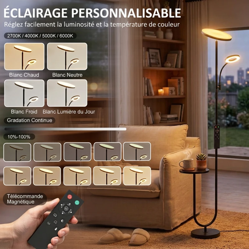 HOMCOM Lampadaire LED Dimmable 42W 4840LM Liseuse Réglable et Tablette Lampadaire sur Pied Salon 2700K-6000K Télécommande Noir