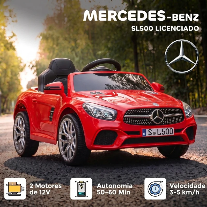 AIYAPLAY Carro Elétrico Infantil Mercedes-Benz SL500 12V Vermelho com Comando à Distância, 2 Motores e Suspensão