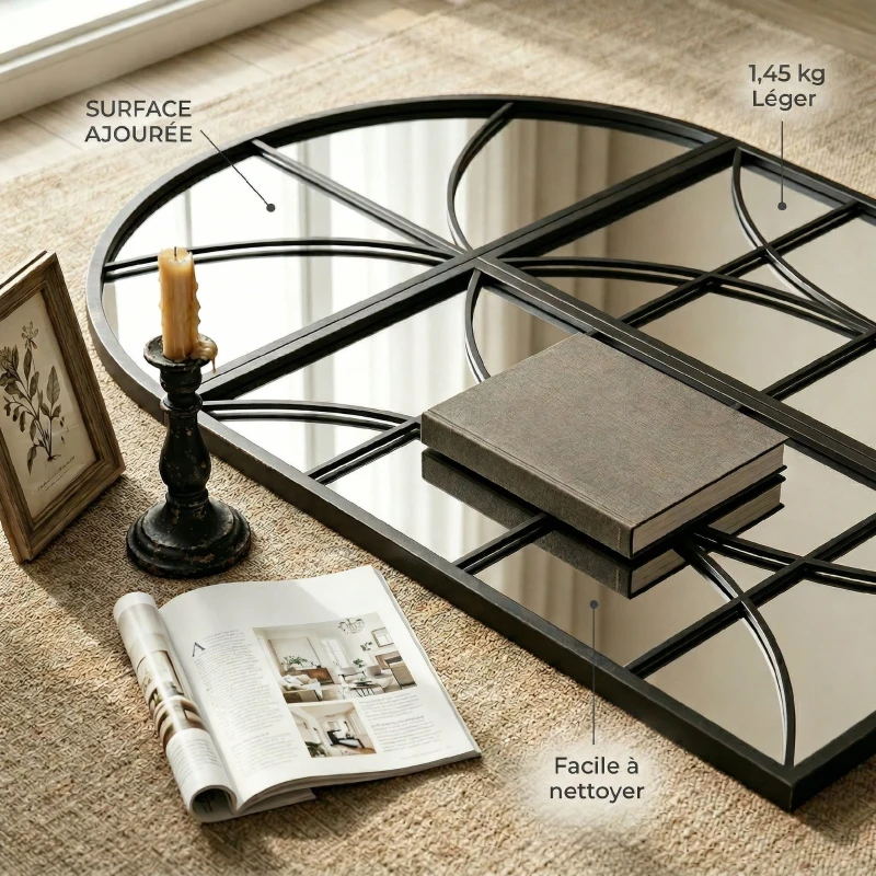 HOMCOM Miroir mural arqué 80 x 120 cm, lot de 3 pièces, miroir verrière en forme de fenêtre, verre trempé et métal, noir