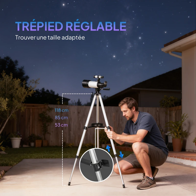 Outsunny Télescope astronomique adultes et débutants 70 mm, télescope réfracteur 40X/16X trépied réglable, 80 x 80 x 135 cm blanc