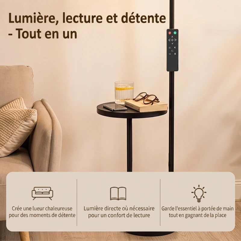 HOMCOM Lampadaire LED Dimmable 42W 4840LM Liseuse Réglable et Tablette Lampadaire sur Pied Salon 2700K-6000K Télécommande Noir