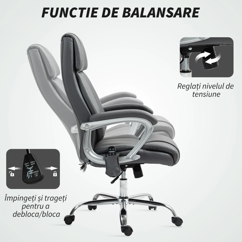 HOMCOM Scaun de Birou cu Masaj pe 6 Puncte și Rabatabil, din piele PU și Oțel, 66x72x113-121 cm, Gri Antracit(m-7)