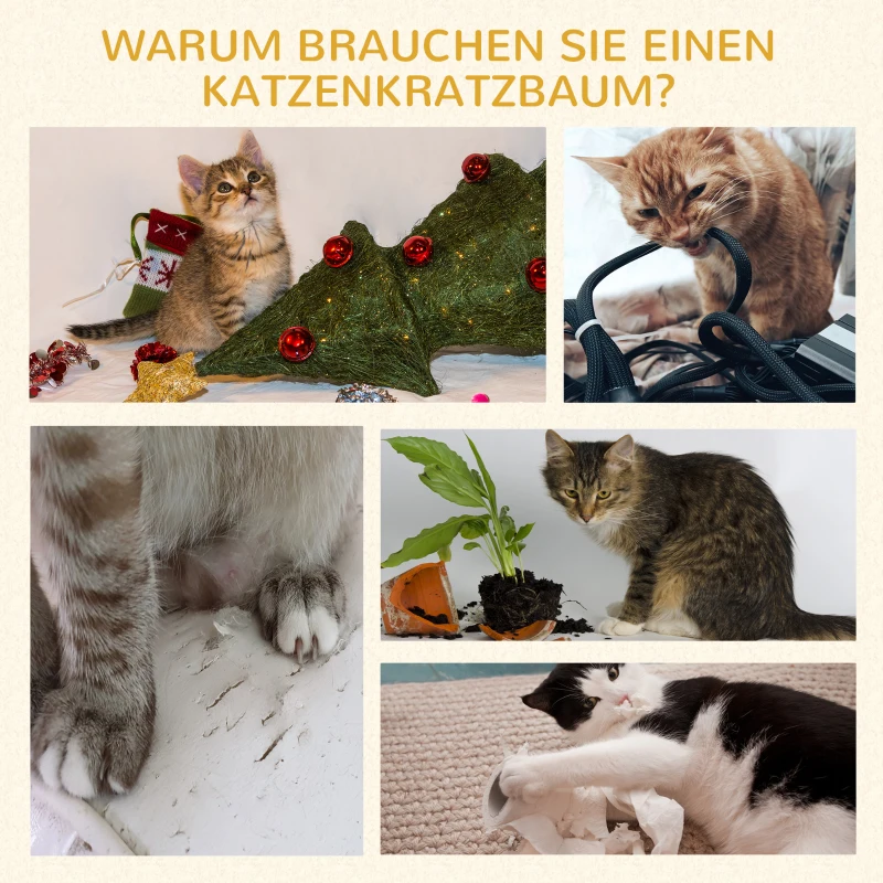 PawHut Kratzbaum 81,5 cm Katzenbaum mit Katzenhöhle, Plattformen, Katzenkratzbaum mit Sisal-Kratzsäulen, Spielball, für Katzen bis 4,5 kg, Beige