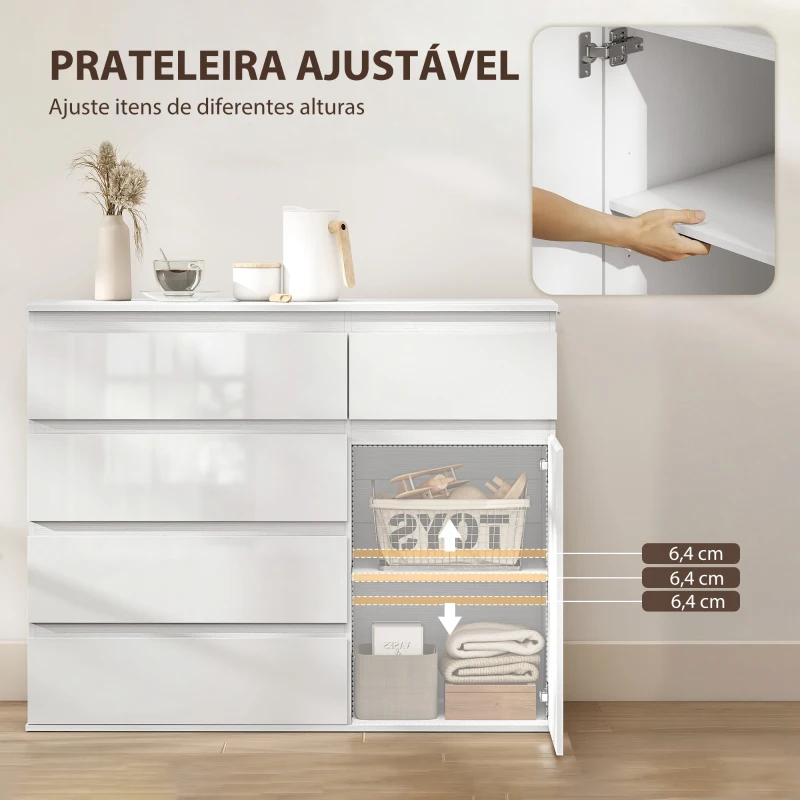 HOMCOM Aparador de Sala com 5 Gavetas Prateleiras Ajustáveis e Porta com Fecho Suave 100x40x80 cm Branco Brilhante