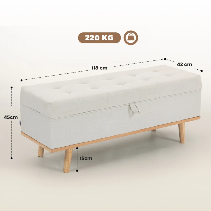 HOMCOM Bancă de Depozitare de 80L Tapițată cu Material Textil și Picioare din Lemn, 118x42x45 cm, Crem